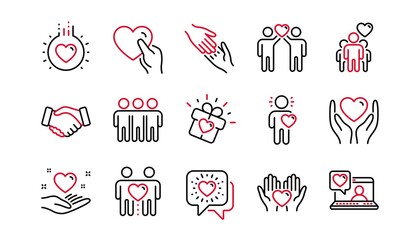Friendship and love line icons. Interaction, Mutual understanding and assistance business. Trust handshake, social responsibility icons. Linear set. Linear set. Quality line set. Vector - obrazy, fototapety, plakaty