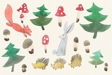 Vintage forest stickers on hazel background.