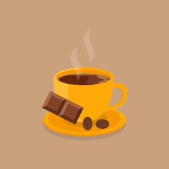 This is an illustration of a cup of hot coffee on a brown background. Flat style.