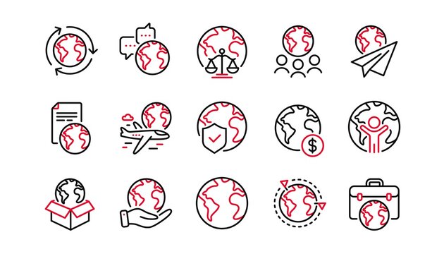 World business line icons set. Financial transactions, translate language, outsource business. International organization, global law, world map icons. Delivery service, global outsource. Vector