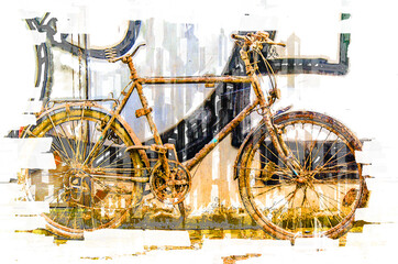 altes schmutziges Fahrrad vor Mauer mit Graffiti abstrakt mit Rahmen