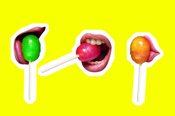 Modern design, contemporary art collage. Inspiration, idea, trendy urban magazine style. Female lips with candies on yellow background.
