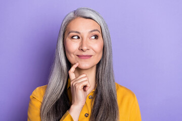 Portrait of attractive curious minded cheery woman thinking copy space clue guess isolated over...
