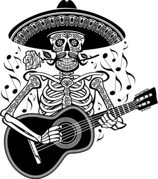 Mexican Mariachi Skeleton Wearing Sombrero And Playing Guitar