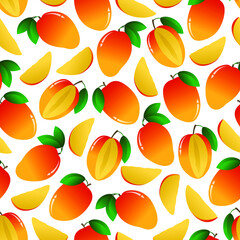 Vector seamless pattern : appetizing ripe,fresh, sunny mango fruits with green leaves on white. Summer food design for textile, wallpaper, wrapping paper