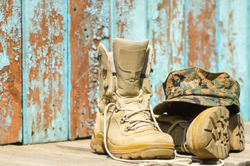 Old military combat boots. Memorial Day or Veterans day concept