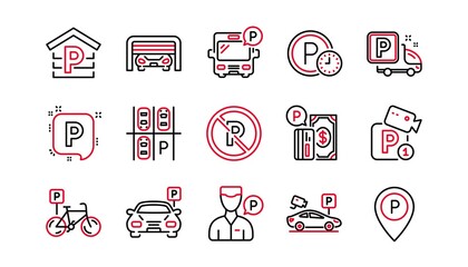 Parking line icons. Garage, Valet servant and Paid parking. Car transport park place linear icon set. Linear set. Quality line set. Vector