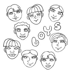 Vector outline face people. Hand drawn line art illustration. Heads of a men, boys in the style of a Doodle, isolated on a white background. Different and beautiful