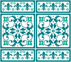 Lisbon, Portuguese style Azulejo tile seamless vector green and white pattern, elegant decorative design with floral motif and fleur de lis shapes