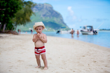 Sweet toddler boy, playing in shallow water on a tropical beach