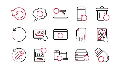 Recovery line icons. Backup, Restore data and recover file. Laptop renew, drive repair and phone recovery icons. Linear set. Linear set. Quality line set. Vector