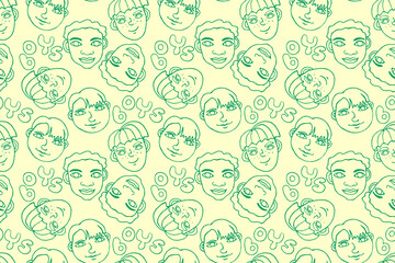 Seamless pattern with cartoon faces vector people. Hand drawn line art illustration. Outline doodle heads of kids boys girls. Childish texture backdrop