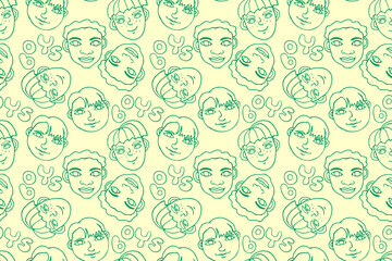 Seamless pattern with cartoon faces vector people. Hand drawn line art illustration. Outline doodle heads of kids boys girls. Childish texture backdrop