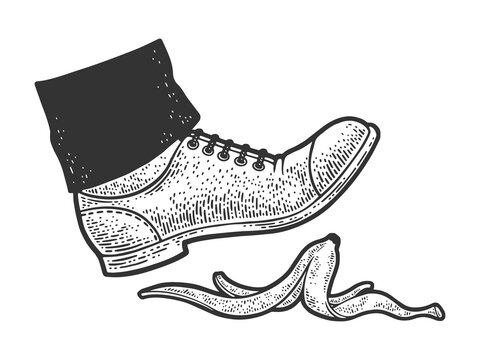 foot steps on a banana skin peel sketch engraving vector illustration. T-shirt apparel print design. Scratch board imitation. Black and white hand drawn image.