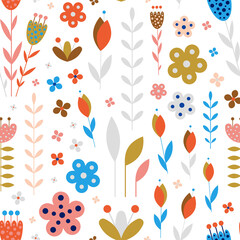 Abstract Meadow Flowers On White Seamless Pattern