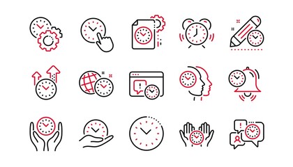 Time management line icons. Alarm clock, timer plan and project deadline signs. Countdown clock and appointment reminder icons. Linear set. Linear set. Quality line set. Vector