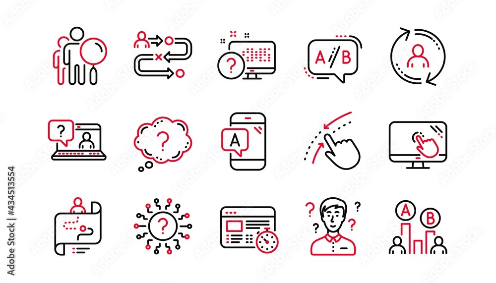 Poster ux line icons. ab testing, journey path map and question mark. quiz test linear icon set. linear set
