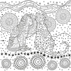 Fototapeta premium Pattern with cats. Zentangle. Hand drawn cat with abstract patterns on isolation background. Design for spiritual relaxation for adults. Black and white illustration for coloring. Outline for t-shirts