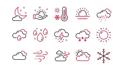 Weather and forecast line icons. Cloudy sky, winter snowflake, thermometer. Moon night, rain and sunset icons. Weather temperature, meteorology forecast. Linear set. Linear set. Vector