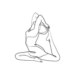 Yoga pose silhouettes of woman continuous line drawing, girl practicing yoga single line on white background, isolated vector black and white illustration.