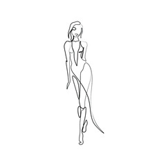 Beautiful fashion woman abstract silhouette, continuous line drawing, girl in long dress, single line on a white background, isolated vector illustration. Tattoo, print and logo design, beauty salon.