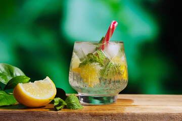 Glass of hard seltzer cocktail on natural summer background. Refreshing drink with grapefruit, lime and lemon slices decorated mint leaves.