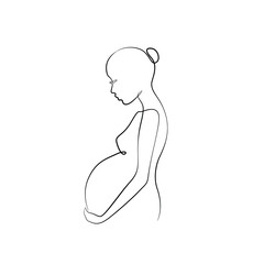 Pregnant woman abstract silhouette, pregnancy, continuous line drawing, print for clothes and logo design, emblem or logo design, isolated vector illustration.