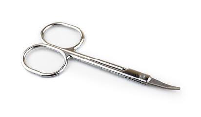 Manicure nail scissors isolated on white background, close-up