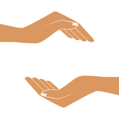 Two hands holding something. Images of hands of people. Free space for the premises of the object. Empty space between hands. Isolated vector illustration on white background.