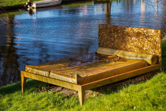 22 January 2021, Leiden, Netherlands, Golden Bed As A Exhibit In Front Of The National Museum Of Ethnology