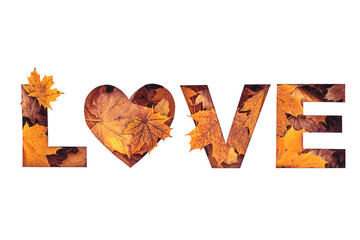 Paper cut love text filled with texture of yellow and orange autumn fall maple leaves isolated on...