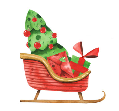 Cute watercolor hand drawn illustration of a Santa sleigh with presents. Ideal for stickers, decoration, festive postcards.