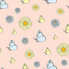 Vector pastel pink peach background daisy flowers, wild flowers and butterflies, insects. Seamless pattern background