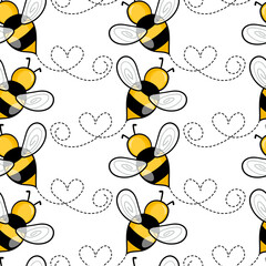 Seamless pattern with bees on white background. Small wasp. Vector illustration. Adorable cartoon character. Template design for invitation, cards, textile, fabric. Doodle style