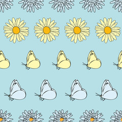Vector white background daisy flowers, wild flowers and butterflies, insects. Seamless pattern background