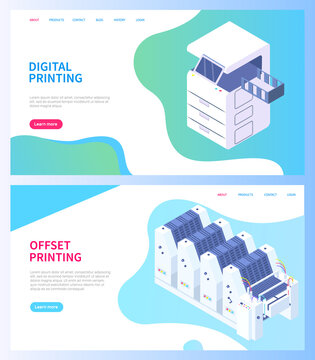 Set of illustrations on theme of printing. Isometric factory printer. Photocopier isolated on dark background. Office production equipment. Technique, printer, printing machine. Online website layout