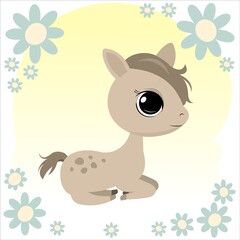 Little cub foal. Horse. Cheerful kind animal child. Cartoons flat style. Funny. Vector