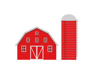 Red wooden barn and agricultural silo for grain storage isolated on white background. American farm buildings front view. Vector cartoon illustration. © vikusha_art