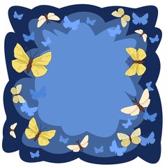 Fototapeta na wymiar Abstract background with butterflies and flowers. Cartoon flat style. Girlish or childish. Soft rounded clouds. Composition with square proportions. Isolated over white background. Illustration vector