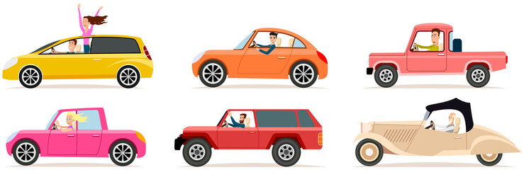 Set of modes of transport and machine shapes. Cartoon characters in transport isolated on white background. Drivers are sitting in cars. Crossover, hatchback, pickup vehicle vector illustration