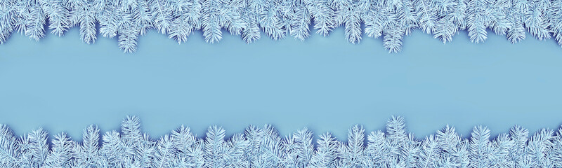 Christmas banner with pastel colored festive borders of fluffy light blue fir branches on blue background. Trendy monochrome xmas template. Top view, flat lay style, copy space for text.