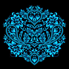Neckline - blue ethnic pattern with paisley. Gzhel folk art ornament . Vector print