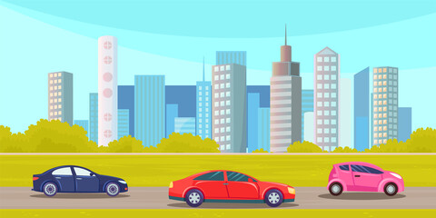 Cars drive on an asphalt road against background of tall buildings of city landscape. Urban road and street vehicle summertime flat vector illustration. Automobile transport in metropolis, traffic