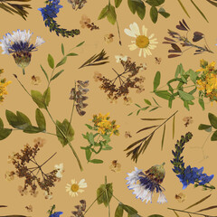 Floral seamless pattern in collage technique. Pressed flowers and plants on beige background. Herbarium.