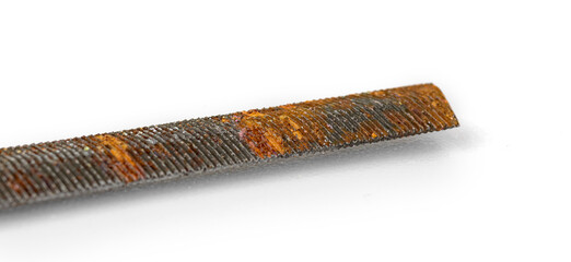 Rusty metal equipment rasp tool close-up photo isolated on a white background