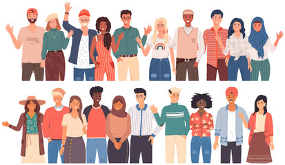 People greeting gesture. Different nations representatives waving hand saying hi. Men, women say hello. People waving hands and gesturing in friendly way. Characters wave their hand and say welcome hi © robu_s