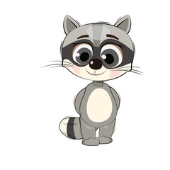 Little raccoon cub. Isolated object on a white background. Cheerful kind animal child. Cartoons flat style. Funny. Vector