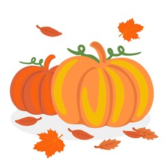 Orange pumpkins with falling leaves on white background
