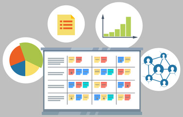 Business Infographic icons. Vector illustration colored pie chart, light bulb, block diagram, graph. Can be used for workflow layout, banner, diagram, number options, web design, timeline template