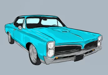 Zelfklevend Fotobehang cartoon car american classic muscle car blue illustration © Joanna